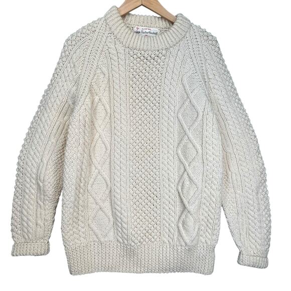 Purple Heather Irish Wool Handknit Vintage‎ Fisherman Sweater Cable Knit L/XL - Picture 1 of 4